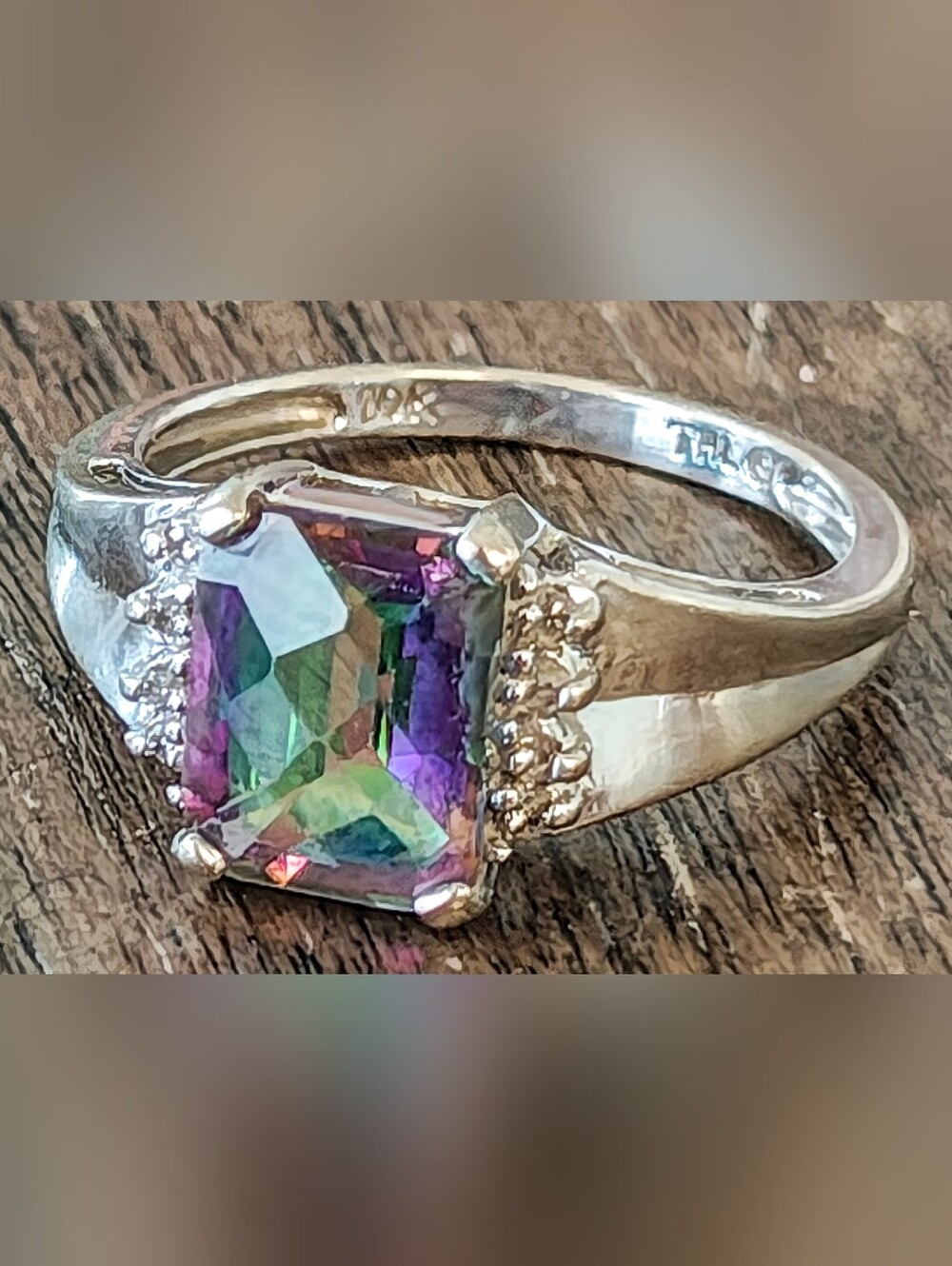 10K White Gold Mystic Topaz Ring Size 6.5 Cushion Cut Statement Cocktail Ring